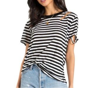 N:PHILANTROPHY• Lightweight Linen Blend Black & White Striped Distressed Tee NWT